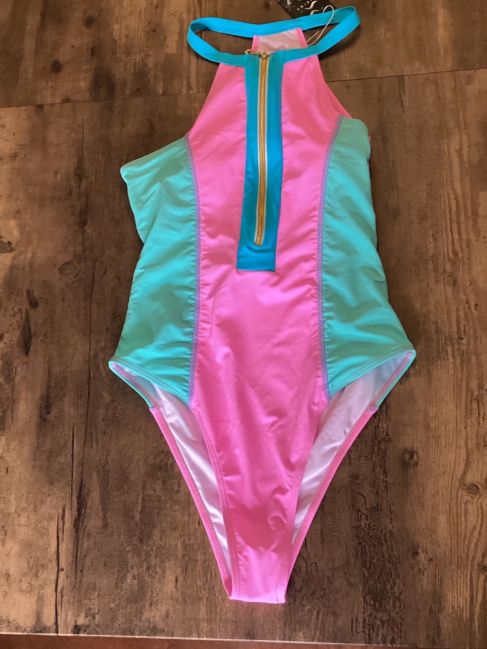 Bikinx High-Neck Pink & Teal One-Piece Swimsuit with Front Zip